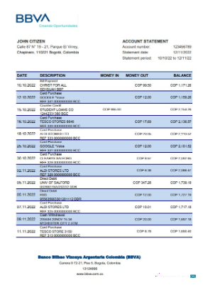 Download Colombia BBVA bank statement excel Photoshop template